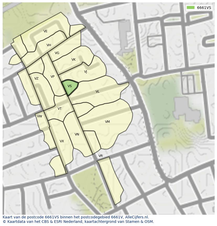 Afbeelding van het postcodegebied 6661 VS op de kaart.