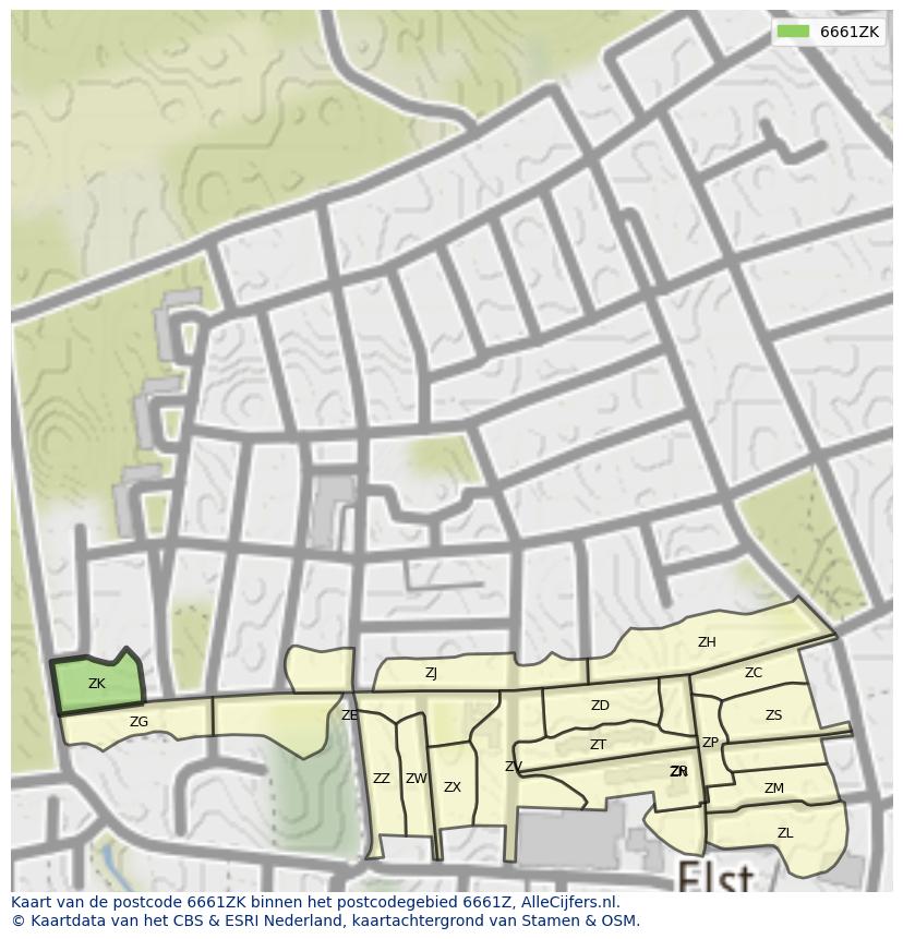 Afbeelding van het postcodegebied 6661 ZK op de kaart.
