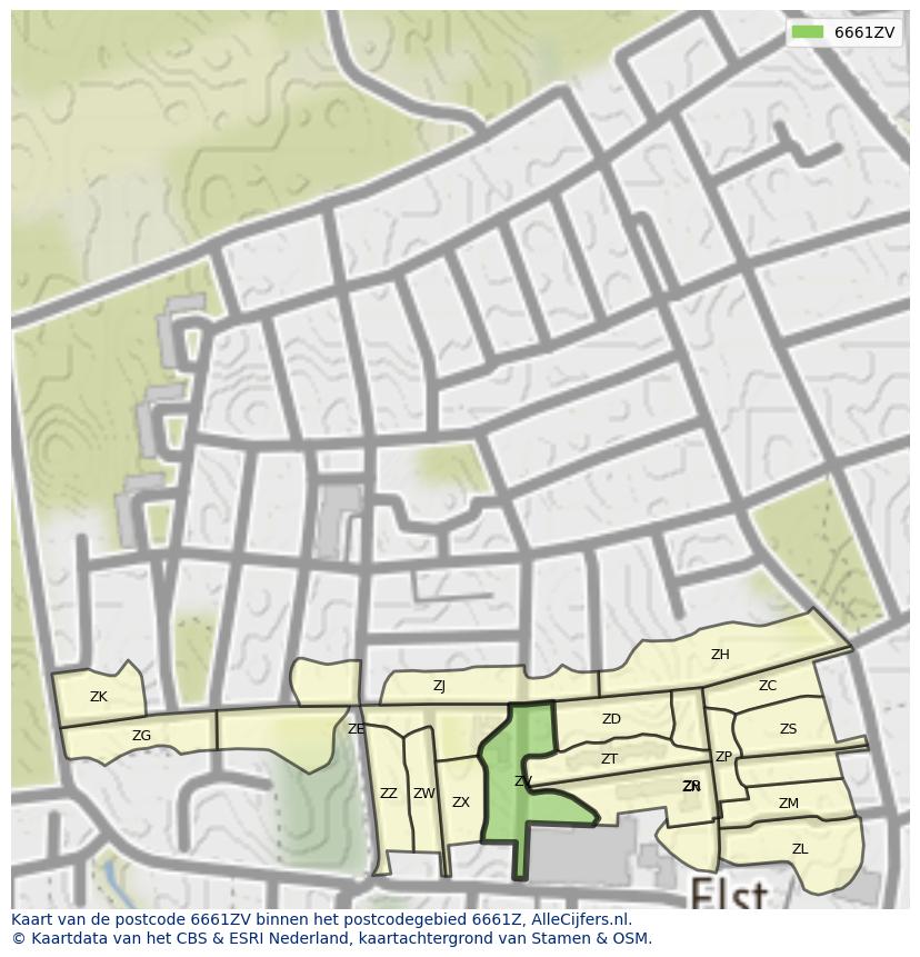 Afbeelding van het postcodegebied 6661 ZV op de kaart.