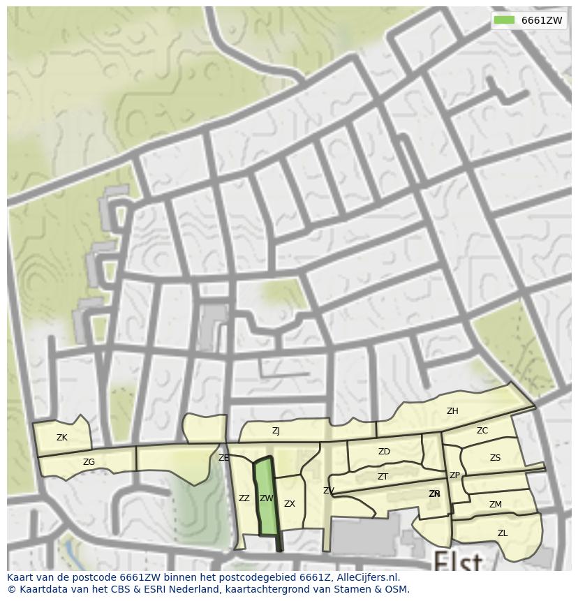 Afbeelding van het postcodegebied 6661 ZW op de kaart.