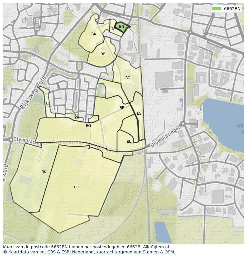 Afbeelding van het postcodegebied 6662 BN op de kaart.