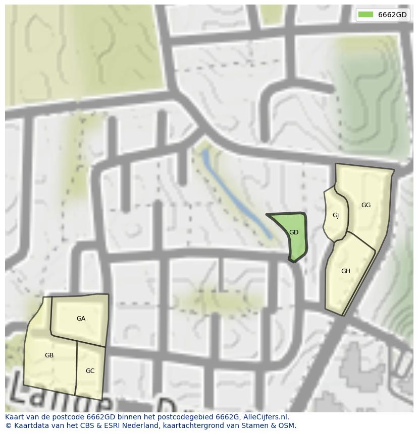 Afbeelding van het postcodegebied 6662 GD op de kaart.