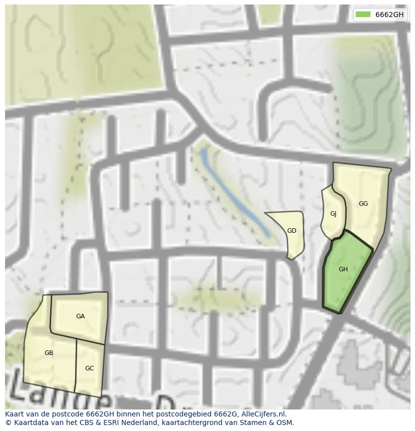 Afbeelding van het postcodegebied 6662 GH op de kaart.