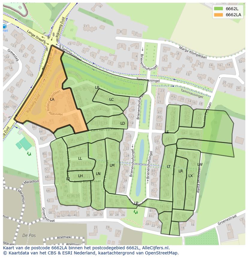 Afbeelding van het postcodegebied 6662 LA op de kaart.