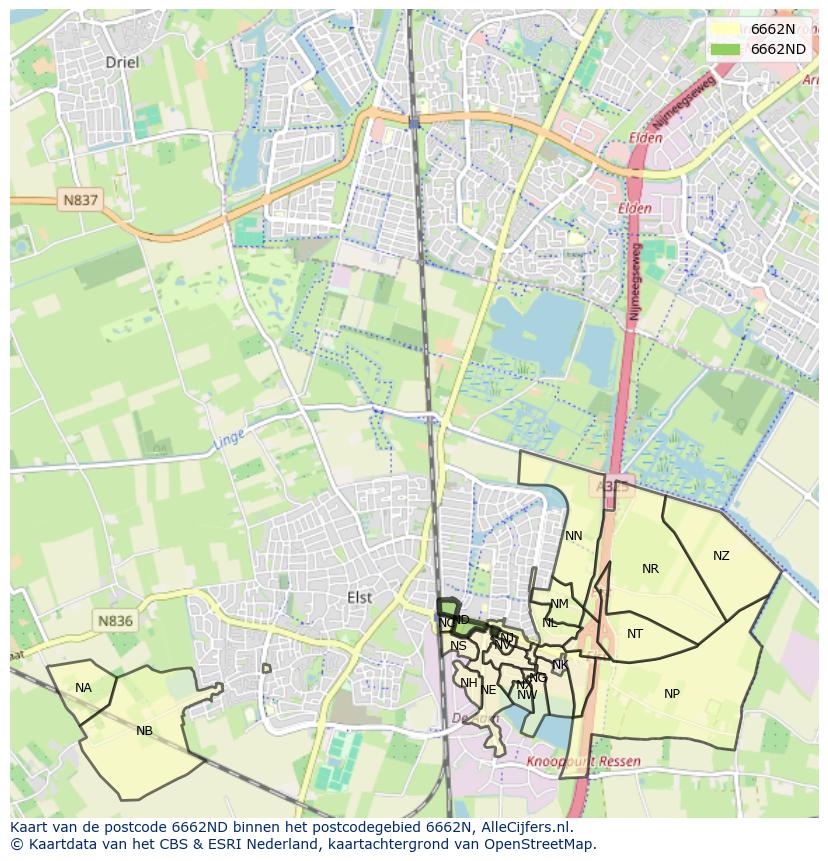 Afbeelding van het postcodegebied 6662 ND op de kaart.