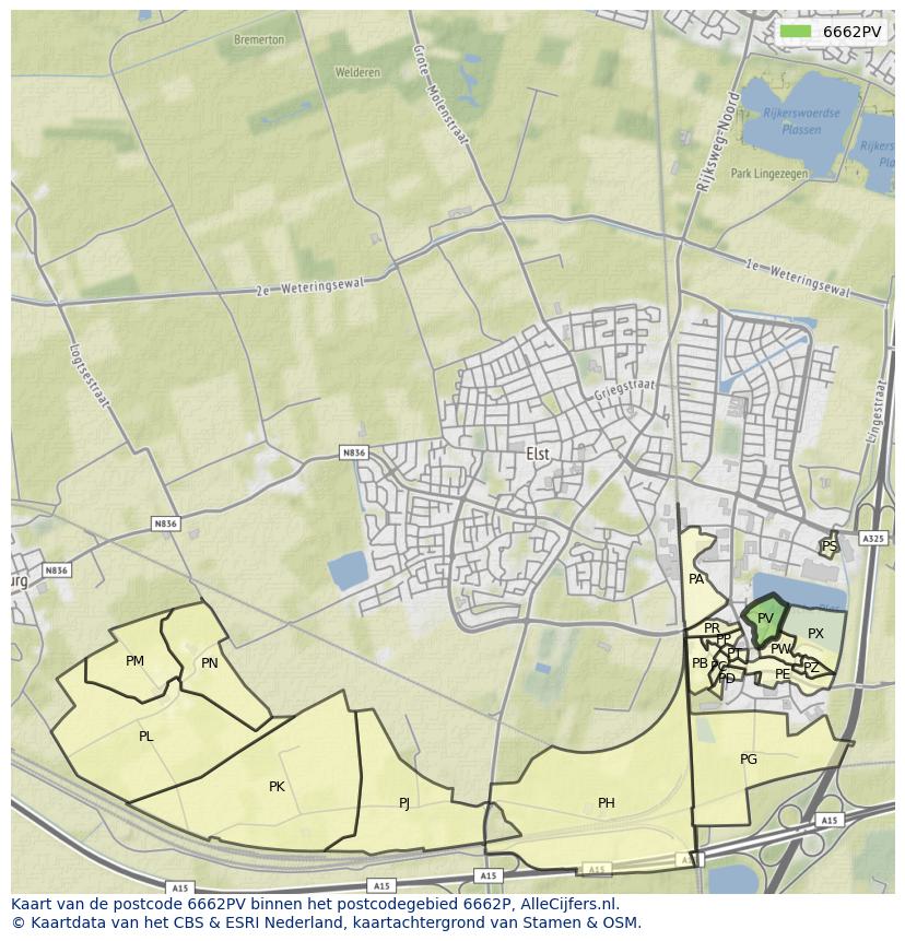 Afbeelding van het postcodegebied 6662 PV op de kaart.