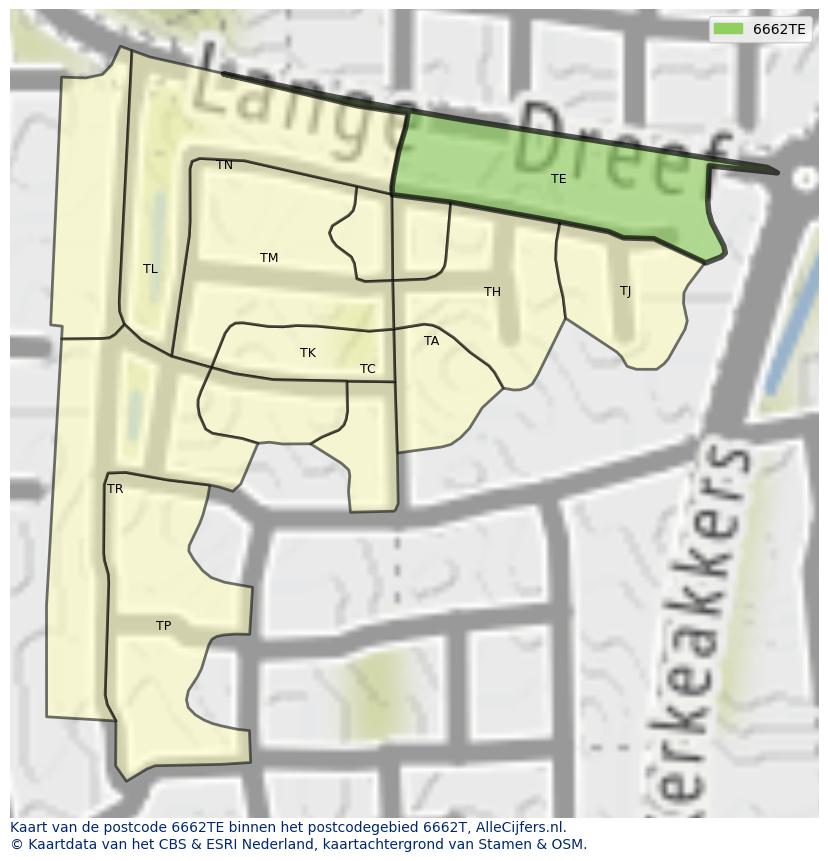 Afbeelding van het postcodegebied 6662 TE op de kaart.