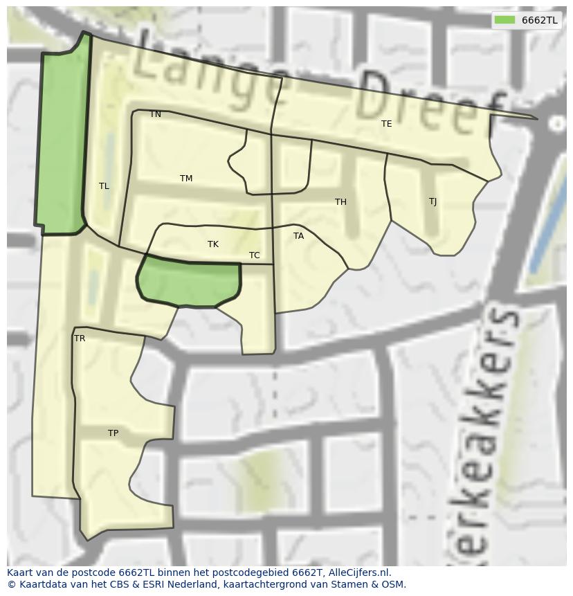 Afbeelding van het postcodegebied 6662 TL op de kaart.