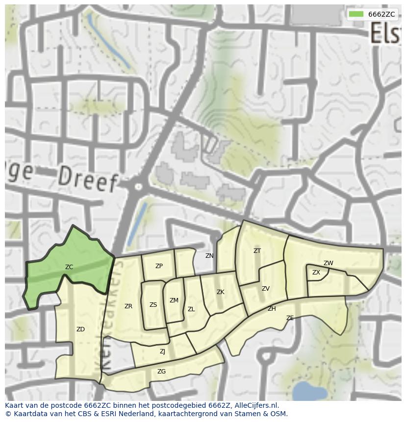 Afbeelding van het postcodegebied 6662 ZC op de kaart.