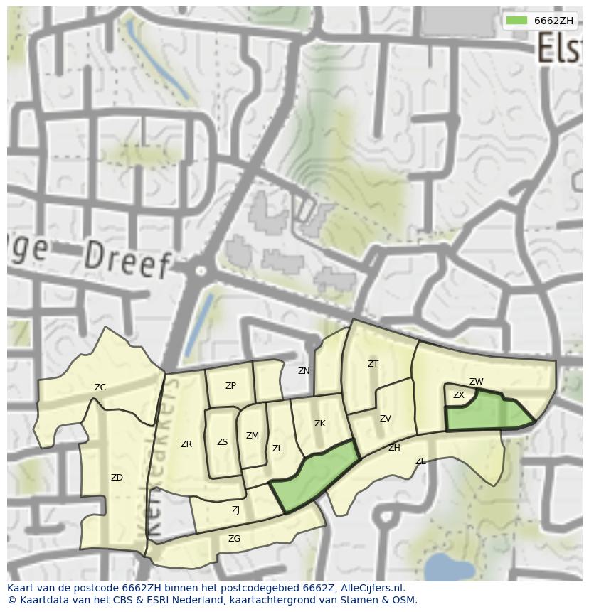 Afbeelding van het postcodegebied 6662 ZH op de kaart.