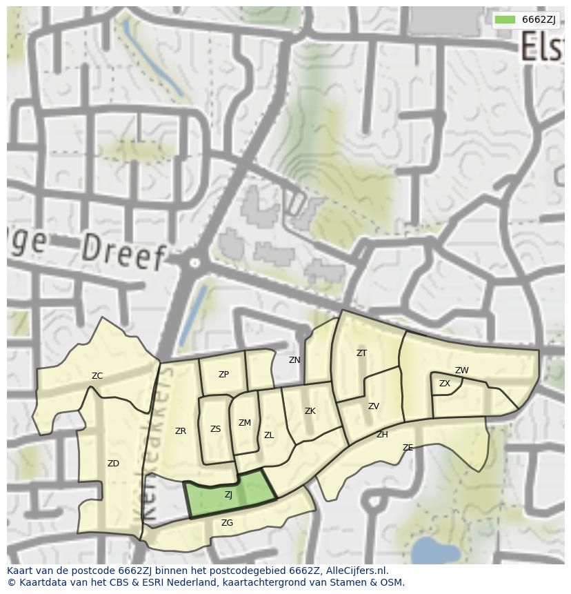 Afbeelding van het postcodegebied 6662 ZJ op de kaart.