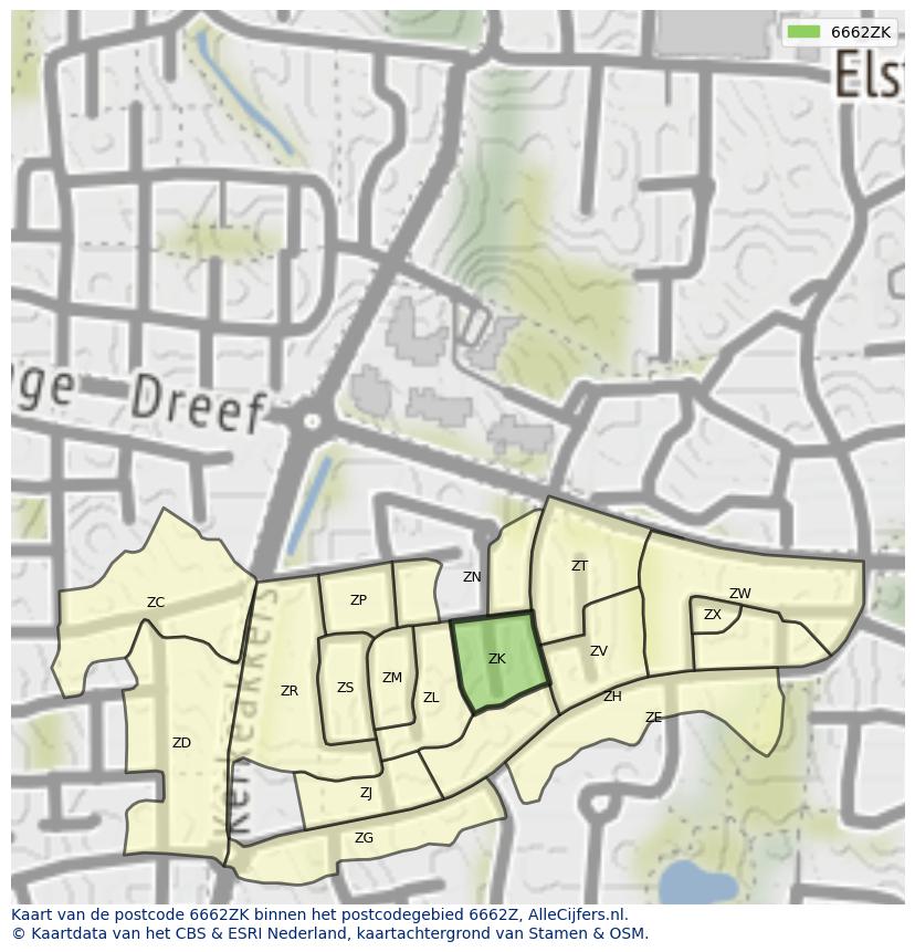 Afbeelding van het postcodegebied 6662 ZK op de kaart.
