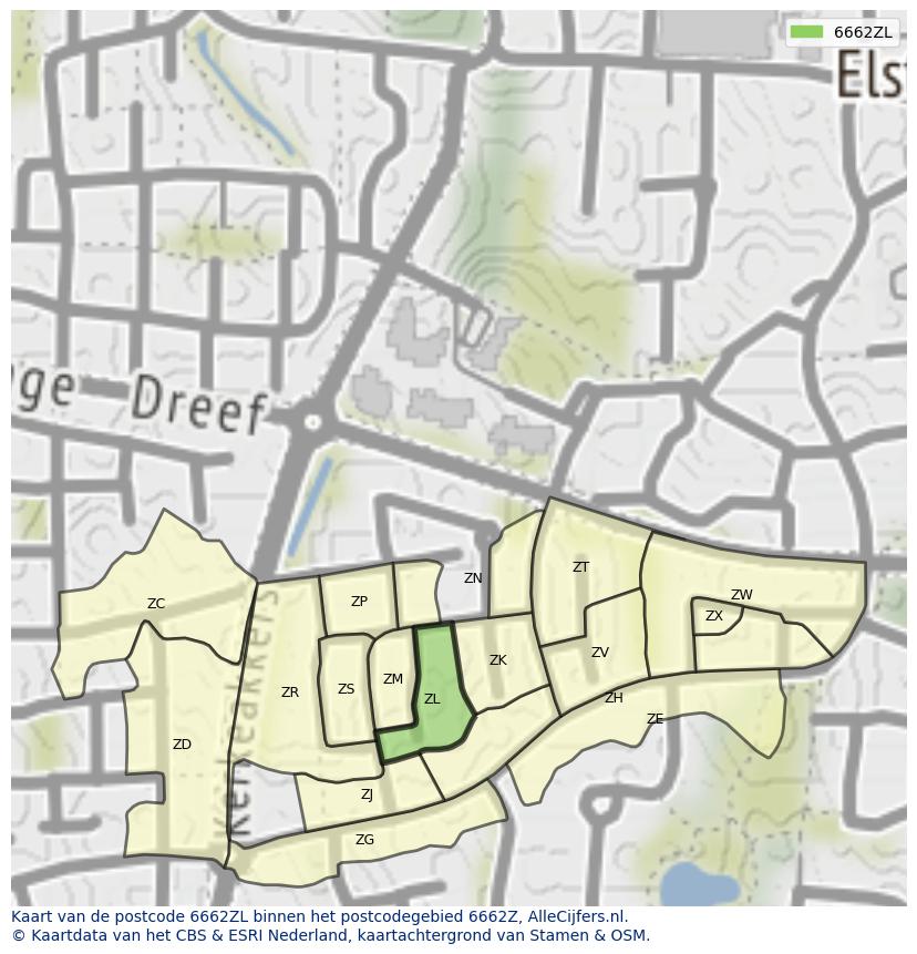Afbeelding van het postcodegebied 6662 ZL op de kaart.