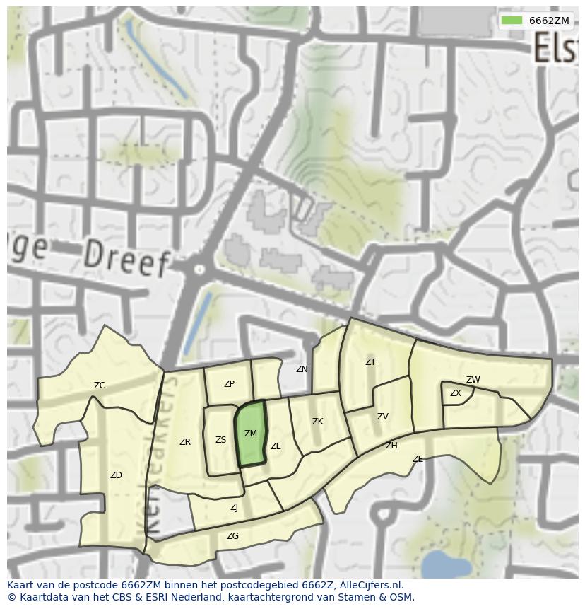 Afbeelding van het postcodegebied 6662 ZM op de kaart.