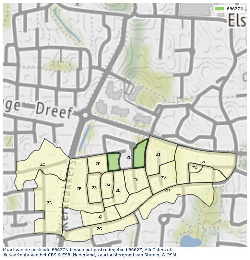 Afbeelding van het postcodegebied 6662 ZN op de kaart.