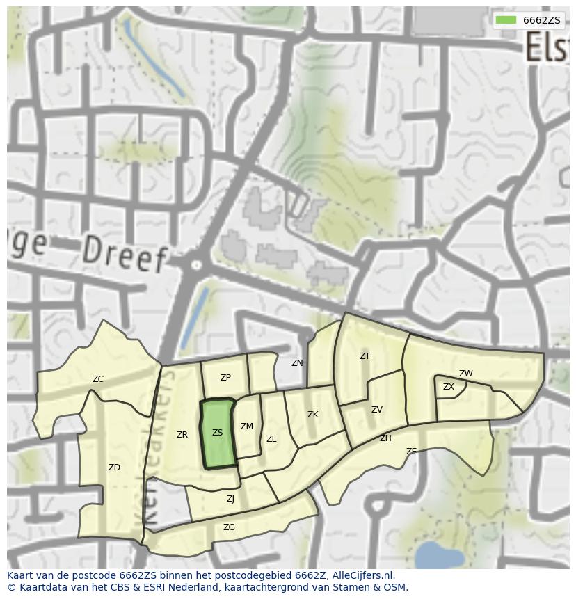 Afbeelding van het postcodegebied 6662 ZS op de kaart.