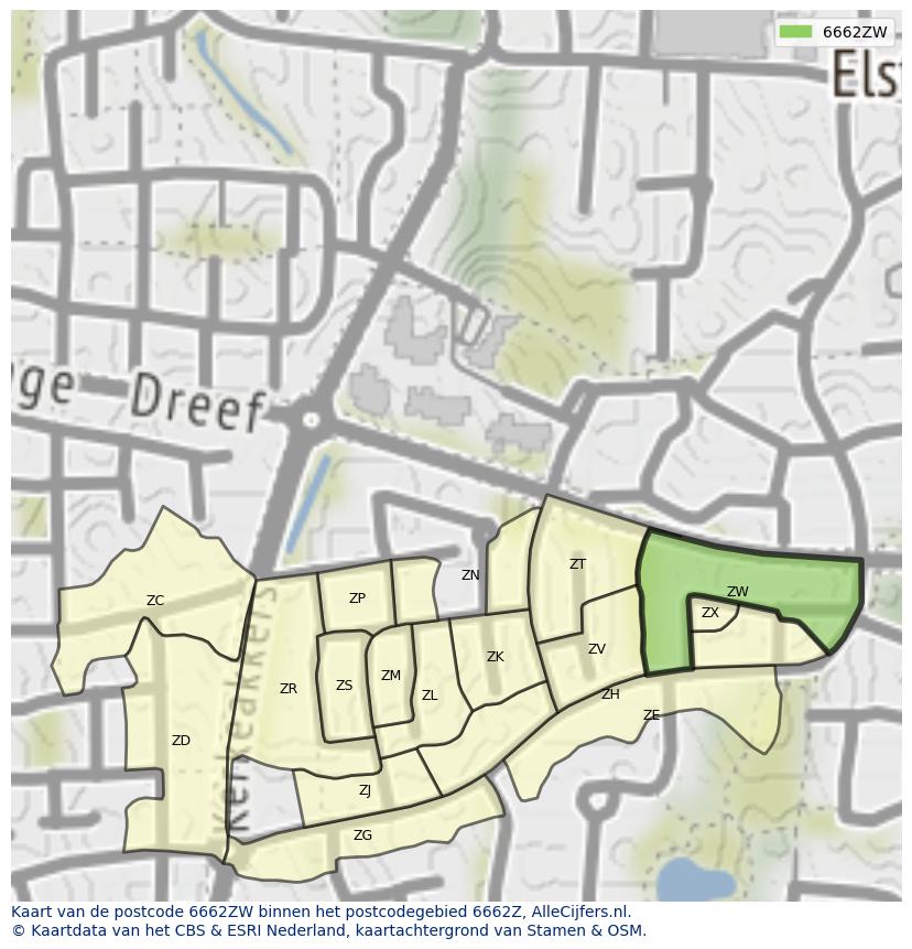 Afbeelding van het postcodegebied 6662 ZW op de kaart.