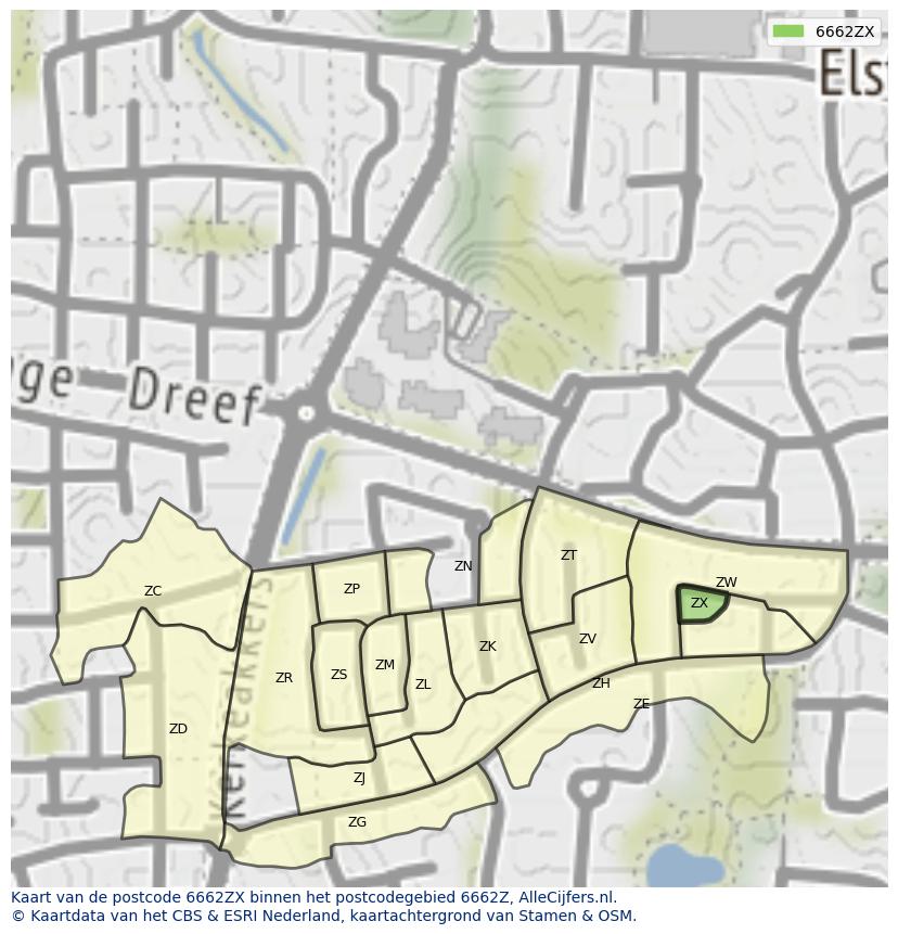 Afbeelding van het postcodegebied 6662 ZX op de kaart.