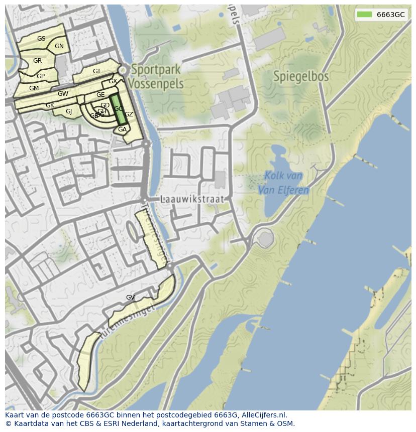 Afbeelding van het postcodegebied 6663 GC op de kaart.