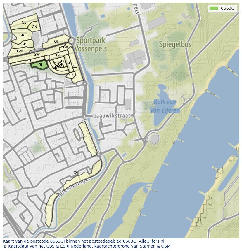 Afbeelding van het postcodegebied 6663 GJ op de kaart.