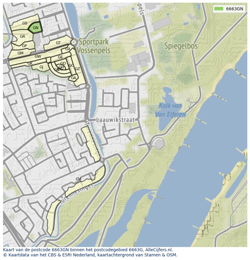 Afbeelding van het postcodegebied 6663 GN op de kaart.
