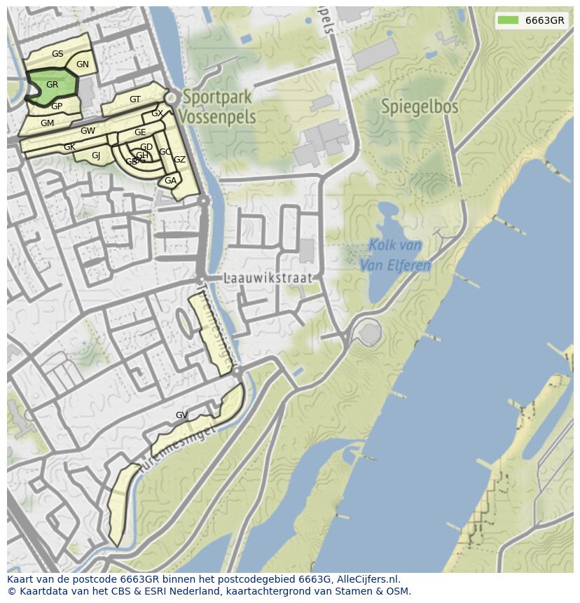 Afbeelding van het postcodegebied 6663 GR op de kaart.