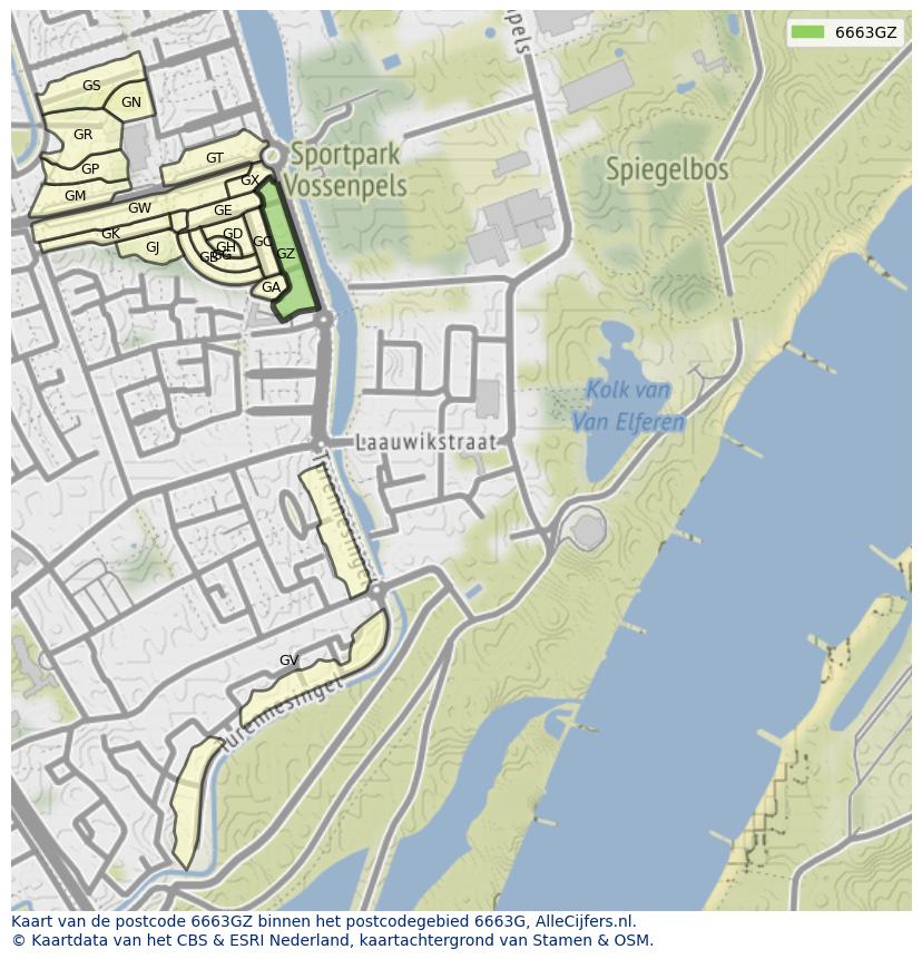Afbeelding van het postcodegebied 6663 GZ op de kaart.