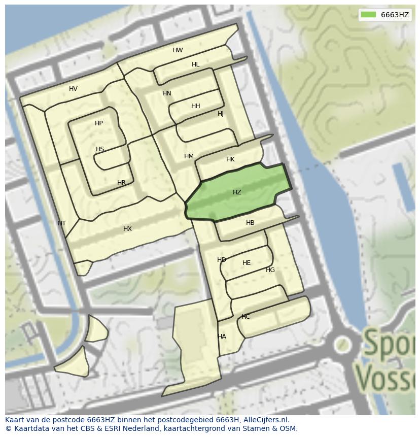 Afbeelding van het postcodegebied 6663 HZ op de kaart.