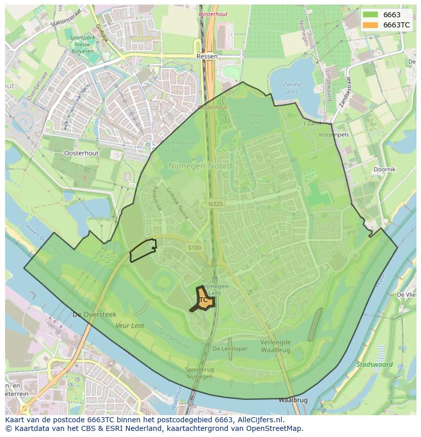 Afbeelding van het postcodegebied 6663 TC op de kaart.