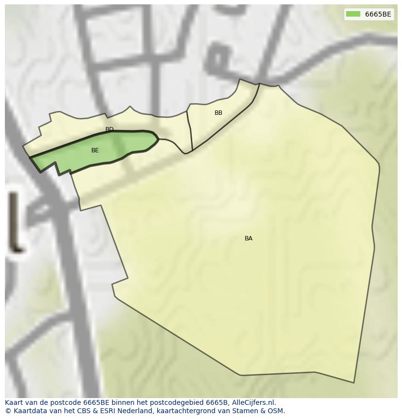 Afbeelding van het postcodegebied 6665 BE op de kaart.