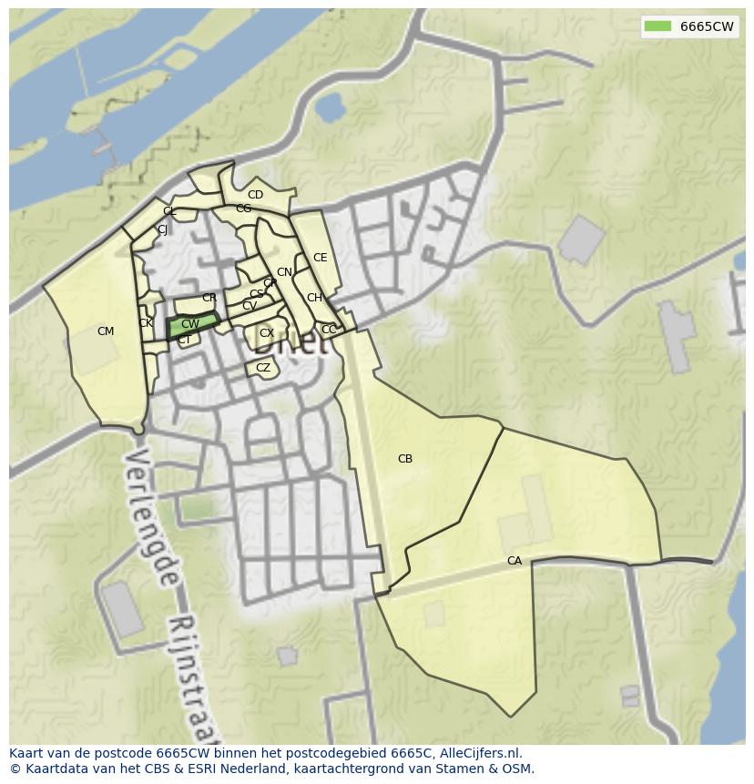 Afbeelding van het postcodegebied 6665 CW op de kaart.