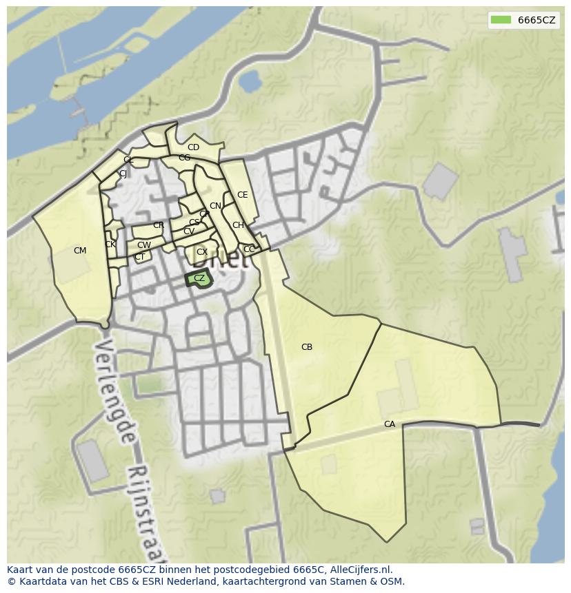 Afbeelding van het postcodegebied 6665 CZ op de kaart.