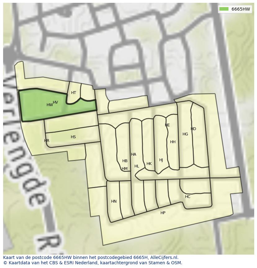 Afbeelding van het postcodegebied 6665 HW op de kaart.