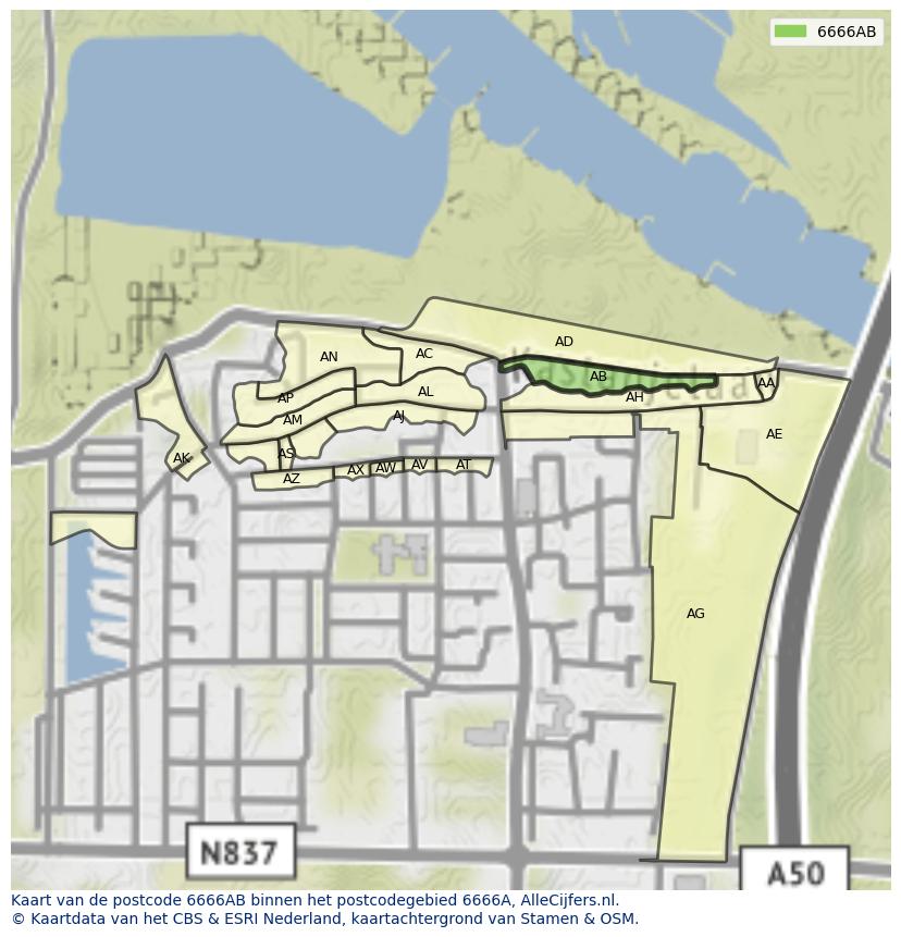 Afbeelding van het postcodegebied 6666 AB op de kaart.