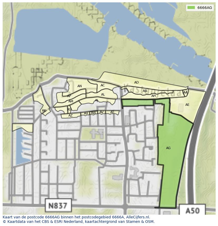 Afbeelding van het postcodegebied 6666 AG op de kaart.