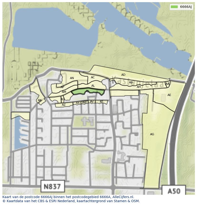 Afbeelding van het postcodegebied 6666 AJ op de kaart.