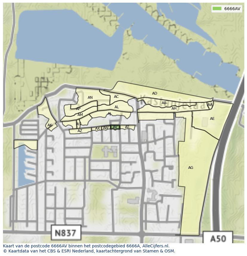 Afbeelding van het postcodegebied 6666 AV op de kaart.