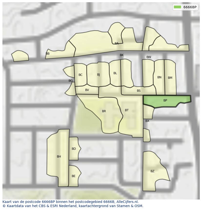 Afbeelding van het postcodegebied 6666 BP op de kaart.