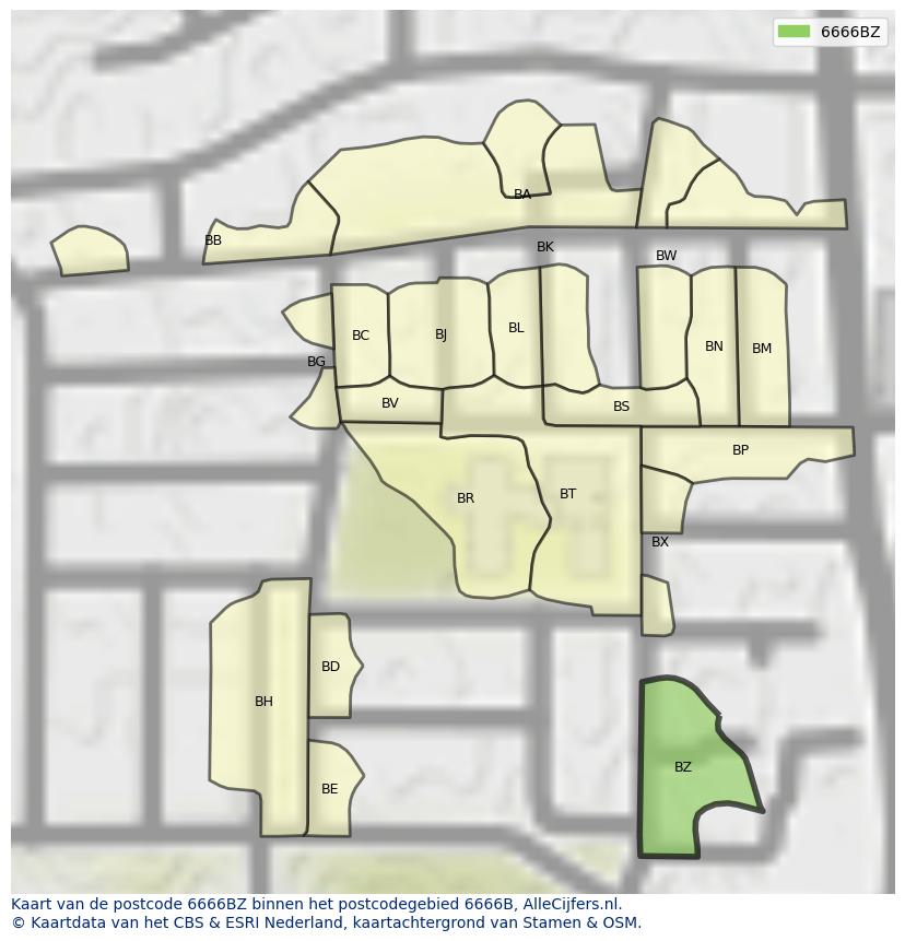 Afbeelding van het postcodegebied 6666 BZ op de kaart.