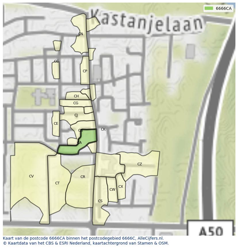 Afbeelding van het postcodegebied 6666 CA op de kaart.