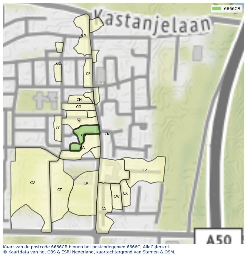 Afbeelding van het postcodegebied 6666 CB op de kaart.