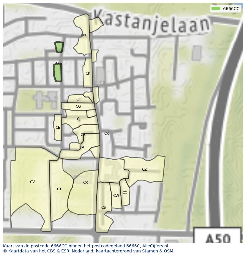 Afbeelding van het postcodegebied 6666 CC op de kaart.