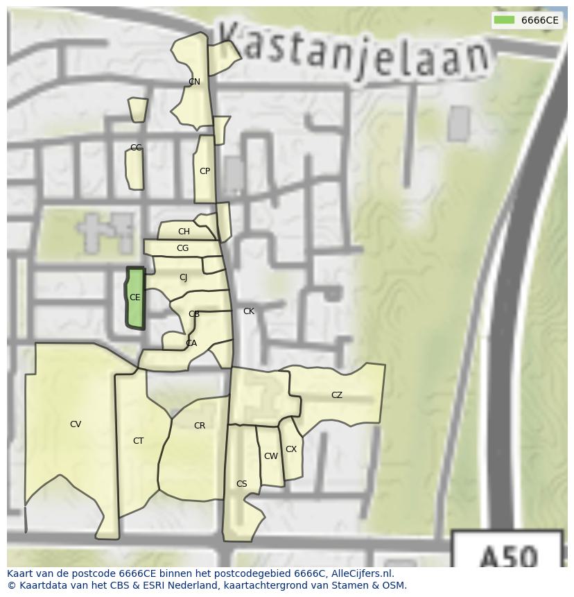 Afbeelding van het postcodegebied 6666 CE op de kaart.