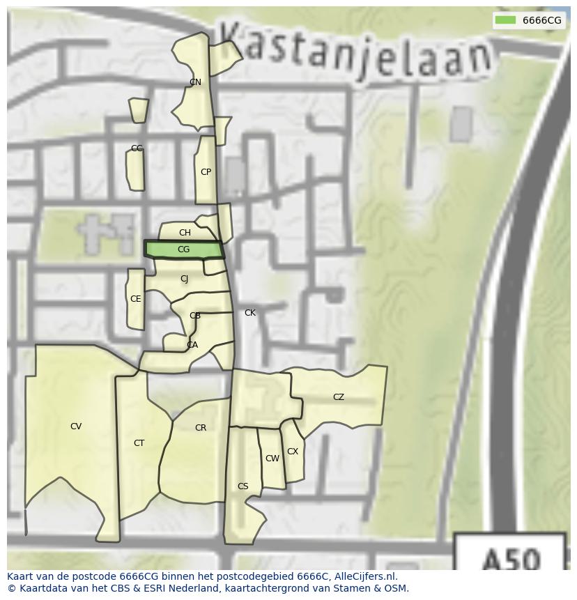 Afbeelding van het postcodegebied 6666 CG op de kaart.