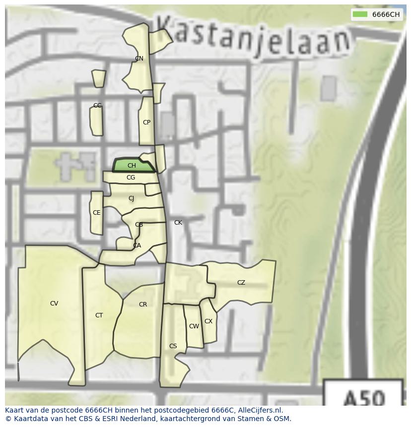 Afbeelding van het postcodegebied 6666 CH op de kaart.