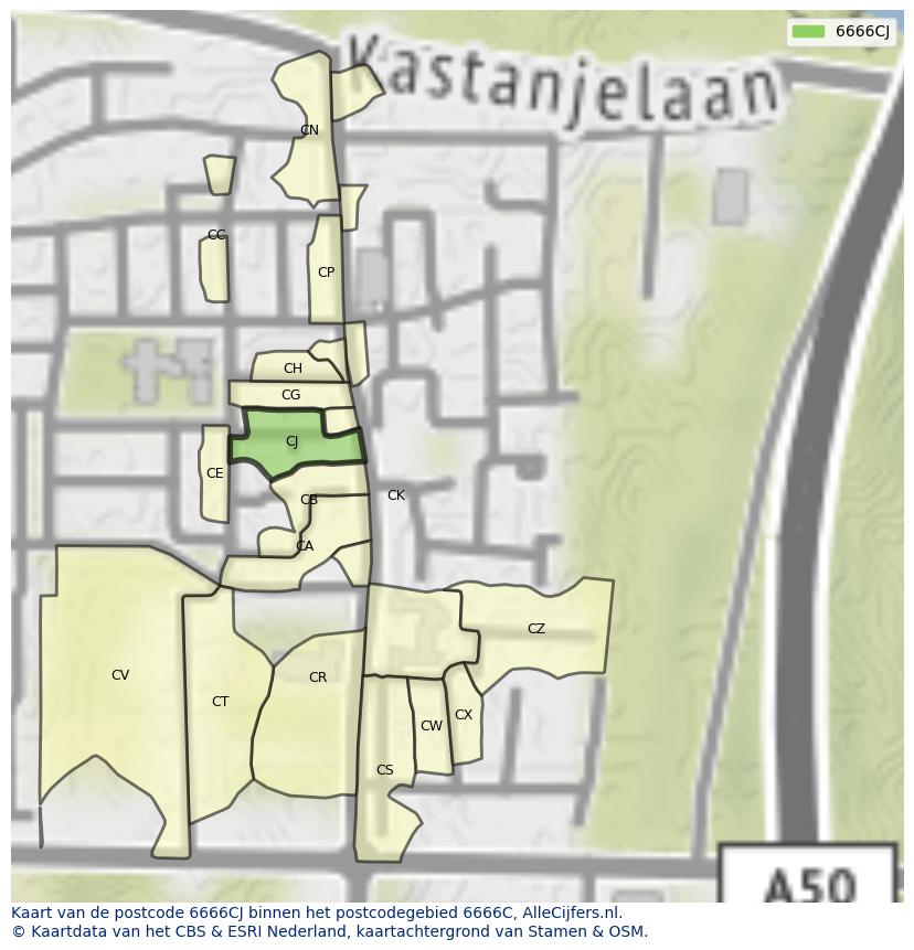 Afbeelding van het postcodegebied 6666 CJ op de kaart.