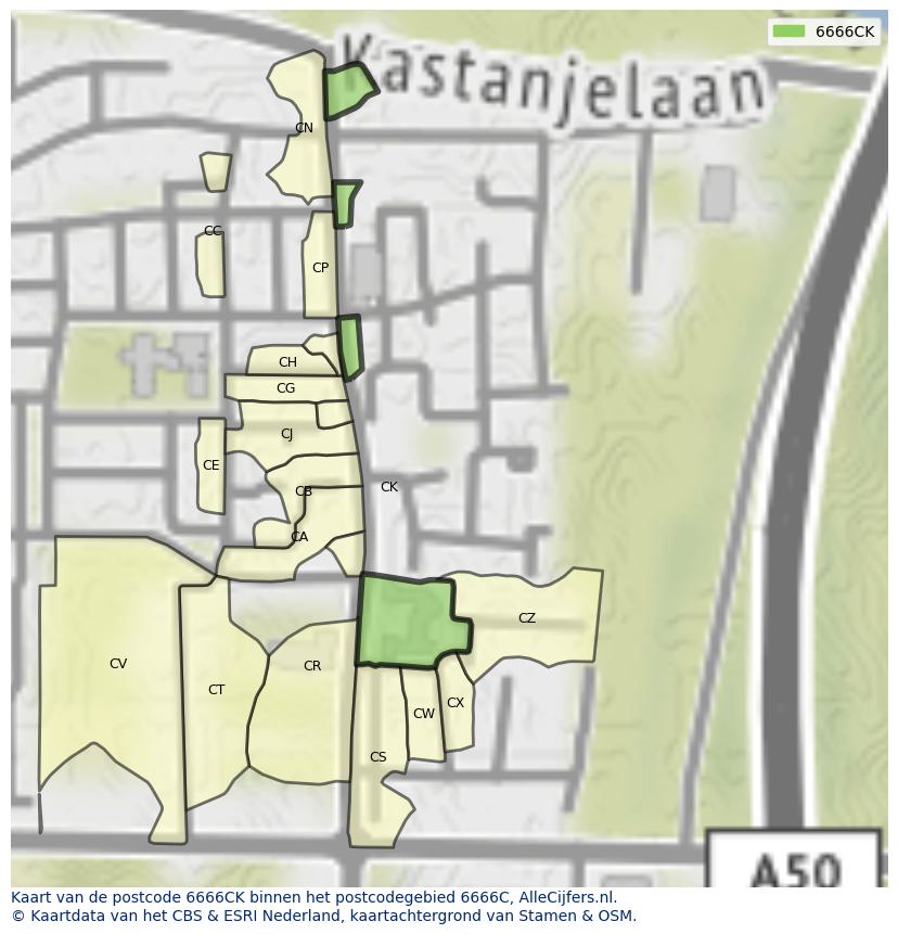 Afbeelding van het postcodegebied 6666 CK op de kaart.