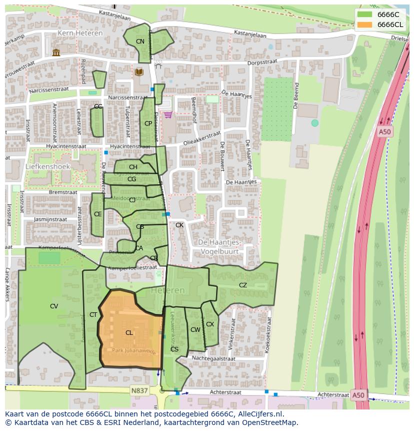 Afbeelding van het postcodegebied 6666 CL op de kaart.