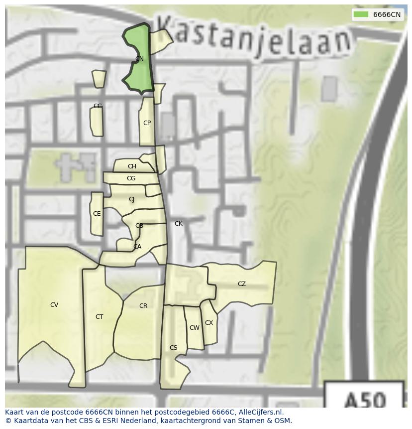 Afbeelding van het postcodegebied 6666 CN op de kaart.