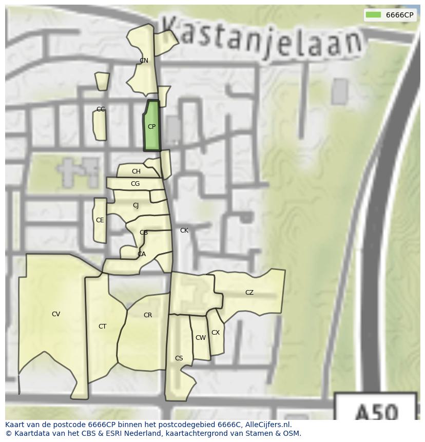 Afbeelding van het postcodegebied 6666 CP op de kaart.